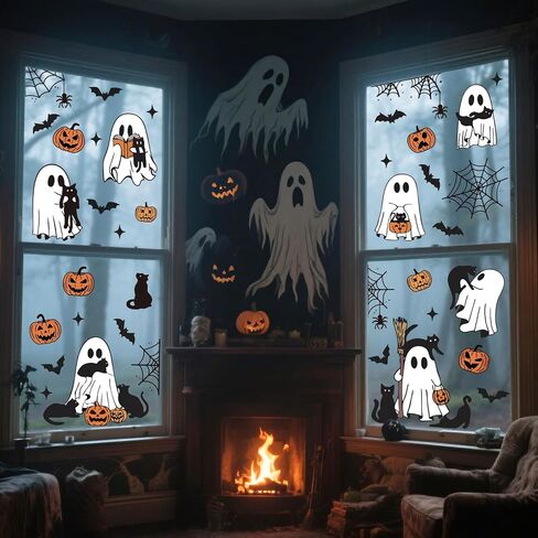 Halloween Ghost Window Cling Sticker Spooky Ghost Pumpkin Black Cat Reusable Window Decals for Party Home Classroom Decor, 6 Sheets in Saudi Arabia