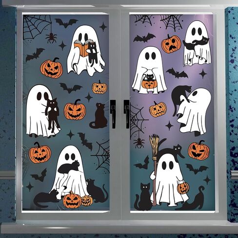 Halloween Ghost Window Cling Sticker Spooky Ghost Pumpkin Black Cat Reusable Window Decals for Party Home Classroom Decor, 6 Sheets in Saudi Arabia