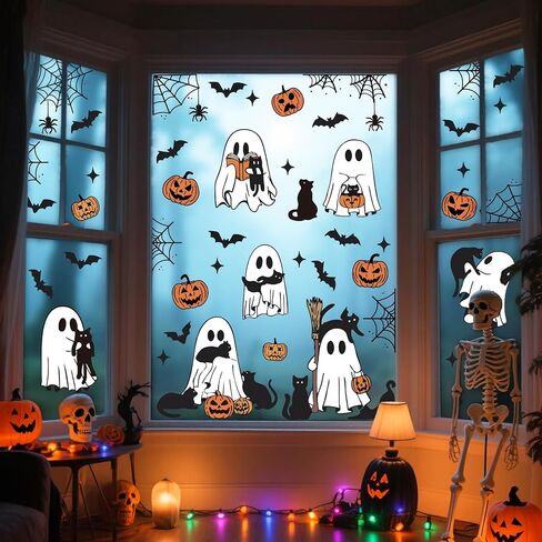 Halloween Ghost Window Cling Sticker Spooky Ghost Pumpkin Black Cat Reusable Window Decals for Party Home Classroom Decor, 6 Sheets in Saudi Arabia