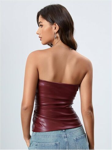 OYOANGLE Women's PU Leather Strapless Sleeveless Ruched Tube Tops Going Out Bandeau Top in Kuwait