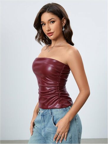 OYOANGLE Women's PU Leather Strapless Sleeveless Ruched Tube Tops Going Out Bandeau Top in Kuwait