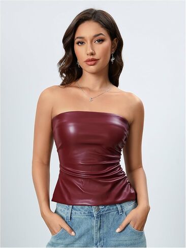 OYOANGLE Women's PU Leather Strapless Sleeveless Ruched Tube Tops Going Out Bandeau Top in Kuwait