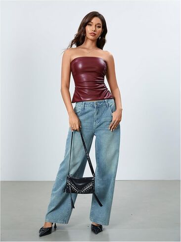 OYOANGLE Women's PU Leather Strapless Sleeveless Ruched Tube Tops Going Out Bandeau Top in Kuwait