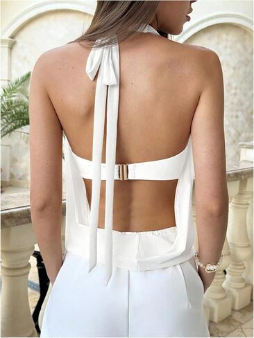 MakeMeChic Women's Mesh Tie Open Back Halter Tops Draped Y2k Tank with Metal Ring Bendeau Bra in Saudi Arabia