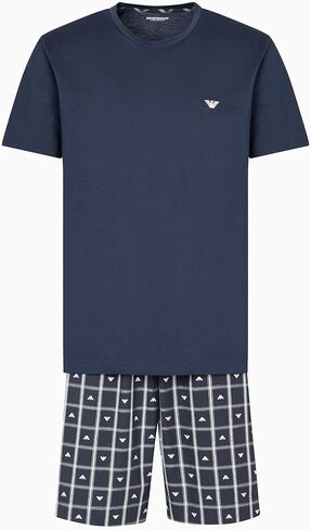 Emporio Armani Men's Yard Dyed Woven Cotton Pajama Short and Tee Set in Saudi Arabia