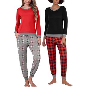 2 Pack Womens Pajama Sets Long Sleeve Sleepwear Matching Pjs Set V Neck Loungewear with Pockets S-XXL in Saudi Arabia