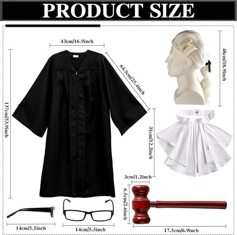 5 Pcs Halloween Judge Costume Accessory Judge Robe False Collar Wooden Gavel Wig and Glasses Set for Men Adult Halloween Party Cosplay Party Favor Career Day Dress Up in Saudi Arabia