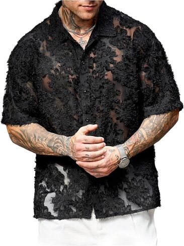 SHENHE Men's Sheer Button Down Mesh Shirt Short Sleeve Fuzzy Trim Fashion Textured Top in Saudi Arabia