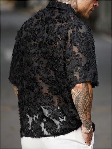 SHENHE Men's Sheer Button Down Mesh Shirt Short Sleeve Fuzzy Trim Fashion Textured Top in Saudi Arabia