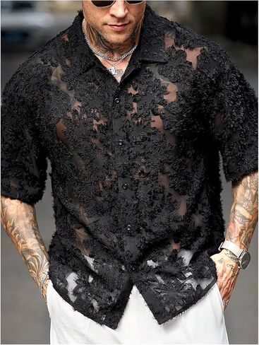 SHENHE Men's Sheer Button Down Mesh Shirt Short Sleeve Fuzzy Trim Fashion Textured Top in Saudi Arabia
