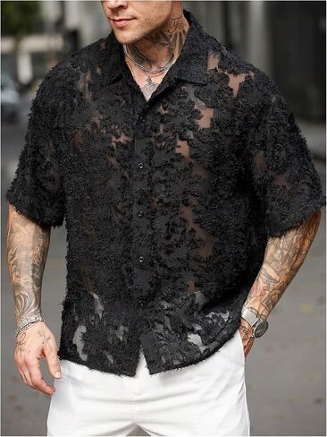 SHENHE Men's Sheer Button Down Mesh Shirt Short Sleeve Fuzzy Trim Fashion Textured Top in Saudi Arabia
