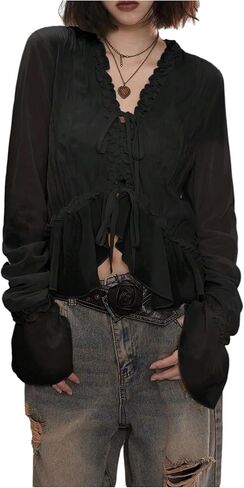 MakeMeChic Women's Long Sleeve Ruffle Trim Mesh Blouse Tie V Neck Y2K Crop Fairy Tops in Saudi Arabia