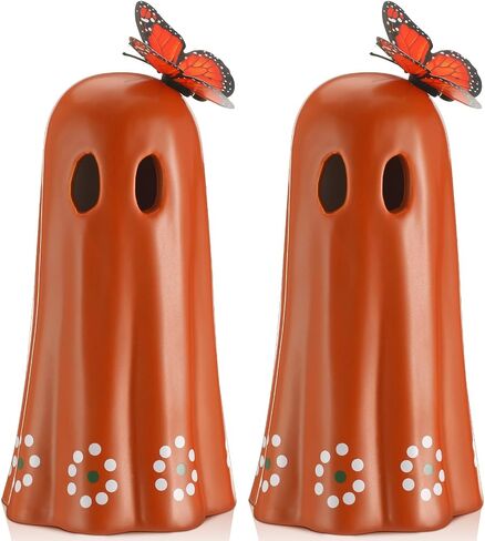 قطعتان من تمثال الشبح المكسيكي الخزفي ليوم الموتى Dia De Los Muertos Terracotta Ghost ديكور مع زخرفة فراشة مقلدة ديكور طاولة الهالوين المكسيكي لمكتب الرف المنزلي، 7 بوصة in Kuwait