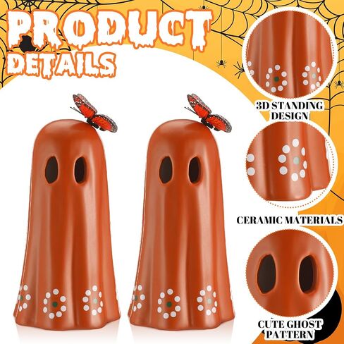 قطعتان من تمثال الشبح المكسيكي الخزفي ليوم الموتى Dia De Los Muertos Terracotta Ghost ديكور مع زخرفة فراشة مقلدة ديكور طاولة الهالوين المكسيكي لمكتب الرف المنزلي، 7 بوصة in Kuwait