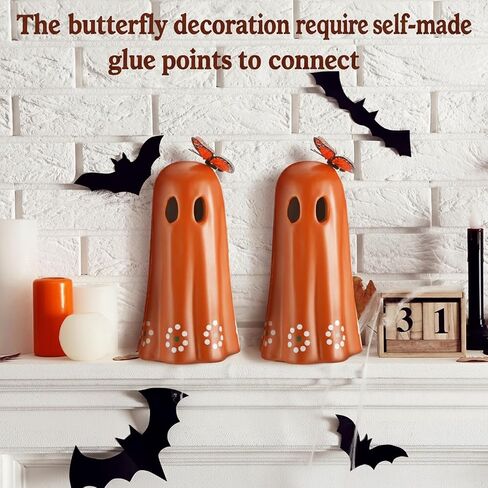 قطعتان من تمثال الشبح المكسيكي الخزفي ليوم الموتى Dia De Los Muertos Terracotta Ghost ديكور مع زخرفة فراشة مقلدة ديكور طاولة الهالوين المكسيكي لمكتب الرف المنزلي، 7 بوصة in Kuwait