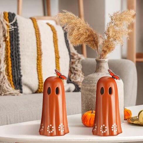 قطعتان من تمثال الشبح المكسيكي الخزفي ليوم الموتى Dia De Los Muertos Terracotta Ghost ديكور مع زخرفة فراشة مقلدة ديكور طاولة الهالوين المكسيكي لمكتب الرف المنزلي، 7 بوصة in Kuwait