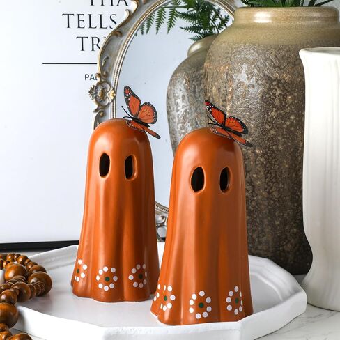 قطعتان من تمثال الشبح المكسيكي الخزفي ليوم الموتى Dia De Los Muertos Terracotta Ghost ديكور مع زخرفة فراشة مقلدة ديكور طاولة الهالوين المكسيكي لمكتب الرف المنزلي، 7 بوصة in Kuwait