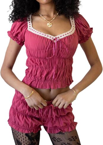 Argeousgor Women Y2K Smocked Shorts Set Tiered Ruched Shirred Tank Top Ruffle Frill Bloomer Pleated Shorts Set in Saudi Arabia