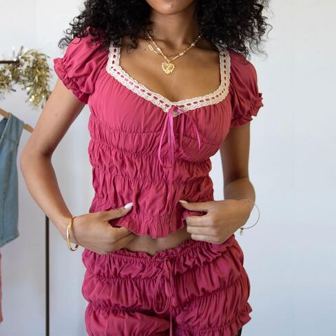 Argeousgor Women Y2K Smocked Shorts Set Tiered Ruched Shirred Tank Top Ruffle Frill Bloomer Pleated Shorts Set in Saudi Arabia