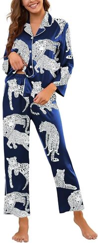 بيجامة حريرية نسائية من Brosloth بأكمام طويلة وأزرار سفلية وطباعة حيوانات لطيفة، مجموعة بيجامة من الساتان in Kuwait