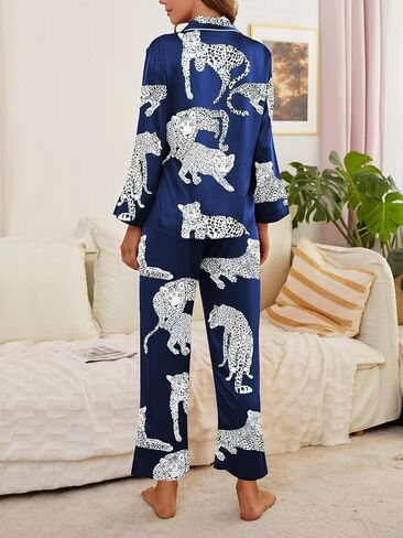 بيجامة حريرية نسائية من Brosloth بأكمام طويلة وأزرار سفلية وطباعة حيوانات لطيفة، مجموعة بيجامة من الساتان in Kuwait