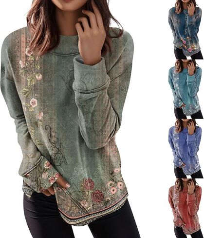 Oversized Crewneck Sweatshirt For Women Fall Graphic Pullover Sweatshirts No Hood Ladies Lightweight Plus Size Side Slit Tops in Saudi Arabia