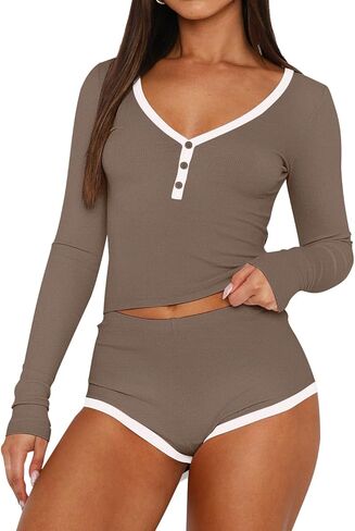 REVETRO Womens V Neck Pajama Sets Spring Long Sleeve Lounge Sets 2 Piece Crop Top PJ Shorts Y2k Pajamas in Kuwait
