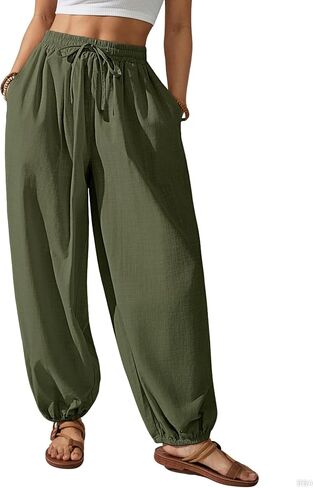 Bsubseach Womens Cotton Harem Pants Elastic Waist Baggy Pant Drawstring Balloon Trouser Loose Beach Pants with Pockets in Saudi Arabia
