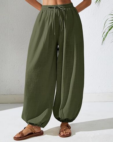 Bsubseach Womens Cotton Harem Pants Elastic Waist Baggy Pant Drawstring Balloon Trouser Loose Beach Pants with Pockets in Saudi Arabia