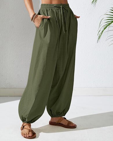 Bsubseach Womens Cotton Harem Pants Elastic Waist Baggy Pant Drawstring Balloon Trouser Loose Beach Pants with Pockets in Saudi Arabia