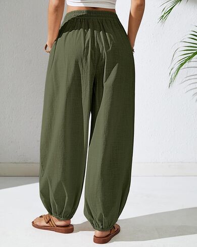 Bsubseach Womens Cotton Harem Pants Elastic Waist Baggy Pant Drawstring Balloon Trouser Loose Beach Pants with Pockets in Saudi Arabia