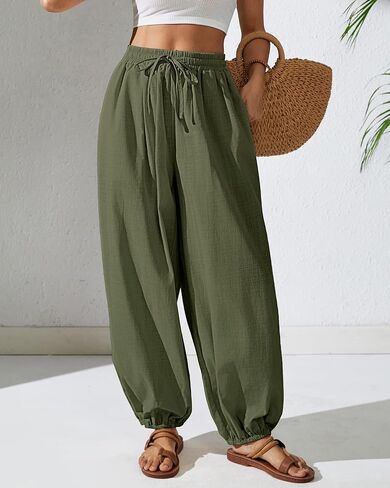 Bsubseach Womens Cotton Harem Pants Elastic Waist Baggy Pant Drawstring Balloon Trouser Loose Beach Pants with Pockets in Saudi Arabia