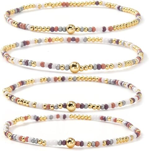 Gold Beaded Bracelets for Women Handmade Boho Stretch 14K Gold Plated Beads Ball Colorful Seed Bead Bracelet Set Stackable Fall Jewelry Accessories Autumn Vacation Friendship Gift in Kuwait
