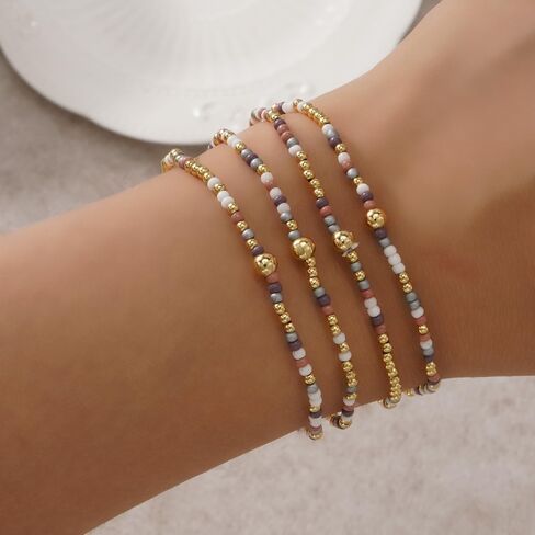 Gold Beaded Bracelets for Women Handmade Boho Stretch 14K Gold Plated Beads Ball Colorful Seed Bead Bracelet Set Stackable Fall Jewelry Accessories Autumn Vacation Friendship Gift in Kuwait