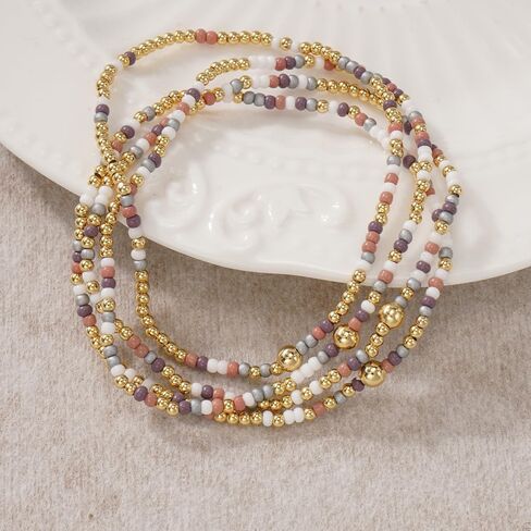 Gold Beaded Bracelets for Women Handmade Boho Stretch 14K Gold Plated Beads Ball Colorful Seed Bead Bracelet Set Stackable Fall Jewelry Accessories Autumn Vacation Friendship Gift in Kuwait