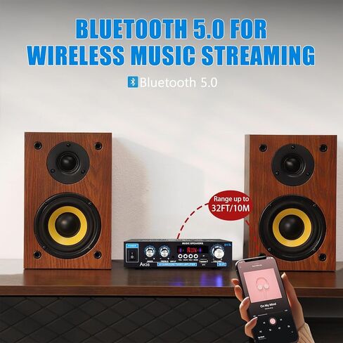 AK45 Bluetooth 5.0 Stereo Audio Amplifier,Max 300W, 2.0 Channel Hifi Stereo Amplifie System w/FM Radio,USB/SD/RCA/MIC in, Home Amp Perfect for Home Theater & bookshelf Speakers,Studio, Karaoke in Kuwait