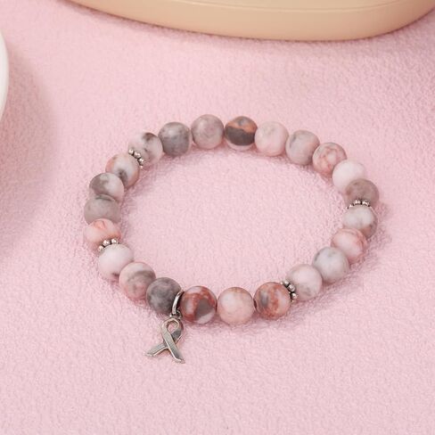 Breast Awareness Bracelets, Natural Stone Inspirational Ribbon Beaded Bracelet with Motivational Card Care Encouragement Gift for Women Friends Family Loved Ones in Saudi Arabia