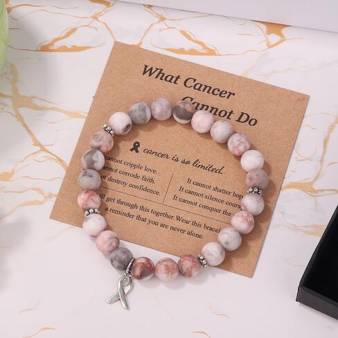 Breast Awareness Bracelets, Natural Stone Inspirational Ribbon Beaded Bracelet with Motivational Card Care Encouragement Gift for Women Friends Family Loved Ones in Saudi Arabia