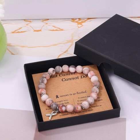 Breast Awareness Bracelets, Natural Stone Inspirational Ribbon Beaded Bracelet with Motivational Card Care Encouragement Gift for Women Friends Family Loved Ones in Saudi Arabia