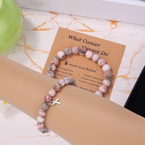 Breast Awareness Bracelets, Natural Stone Inspirational Ribbon Beaded Bracelet with Motivational Card Care Encouragement Gift for Women Friends Family Loved Ones in Saudi Arabia