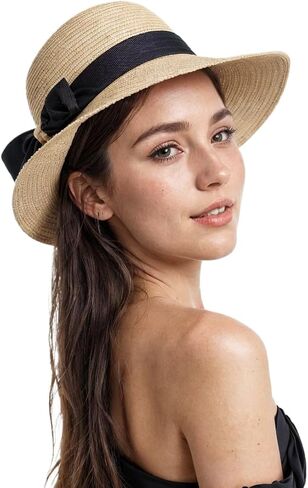 HATDRETI-Summer Beach Sun Hat قبعة من القش للنساء، قبعة صيفية واسعة الحافة للحماية من الشمس قابلة للطي وقابلة للطي in Kuwait
