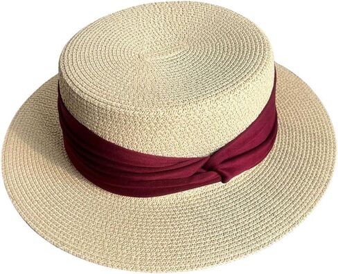 Boater Straw Hat for Women, Wide Brim Adjustable Flat Sun Hat with Bow Tie Sun Portection Summer Beach Cap in Kuwait