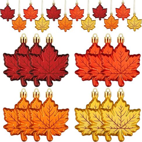 24 PCS Fall Leaf Ornament for Tree Thanksgiving Maple Leaves Hanging Ornaments Plastic Maple Leaf Hanging Ornaments Set for Fall Thanksgiving Autumn Harvest Party Home Decoration in Saudi Arabia