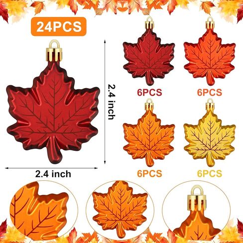 24 PCS Fall Leaf Ornament for Tree Thanksgiving Maple Leaves Hanging Ornaments Plastic Maple Leaf Hanging Ornaments Set for Fall Thanksgiving Autumn Harvest Party Home Decoration in Saudi Arabia