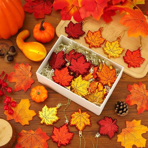 24 PCS Fall Leaf Ornament for Tree Thanksgiving Maple Leaves Hanging Ornaments Plastic Maple Leaf Hanging Ornaments Set for Fall Thanksgiving Autumn Harvest Party Home Decoration in Saudi Arabia