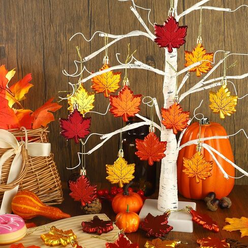 24 PCS Fall Leaf Ornament for Tree Thanksgiving Maple Leaves Hanging Ornaments Plastic Maple Leaf Hanging Ornaments Set for Fall Thanksgiving Autumn Harvest Party Home Decoration in Saudi Arabia