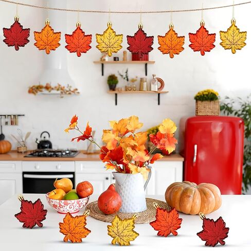 24 PCS Fall Leaf Ornament for Tree Thanksgiving Maple Leaves Hanging Ornaments Plastic Maple Leaf Hanging Ornaments Set for Fall Thanksgiving Autumn Harvest Party Home Decoration in Saudi Arabia