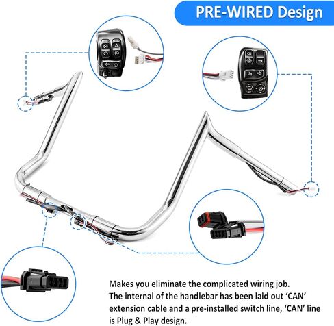 Wsays 12 "Ape المقاود السلكية مسبقًا 1.25 بوصة قطر Bagger Bar-Sharp متوافق مع Harley Touring Street Electra Glide Ultra Limited Tri Glide مع Batwing Fairing 2014-2023، كروم in Saudi Arabia
