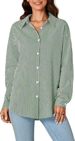 LYANER Women's Button Down Shirts Striped Classic Long Sleeve Collared V Neck Office Work Blouses Tops in Kuwait