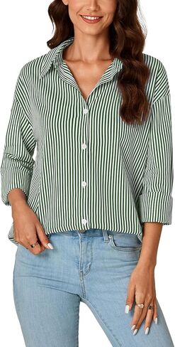 LYANER Women's Button Down Shirts Striped Classic Long Sleeve Collared V Neck Office Work Blouses Tops in Kuwait